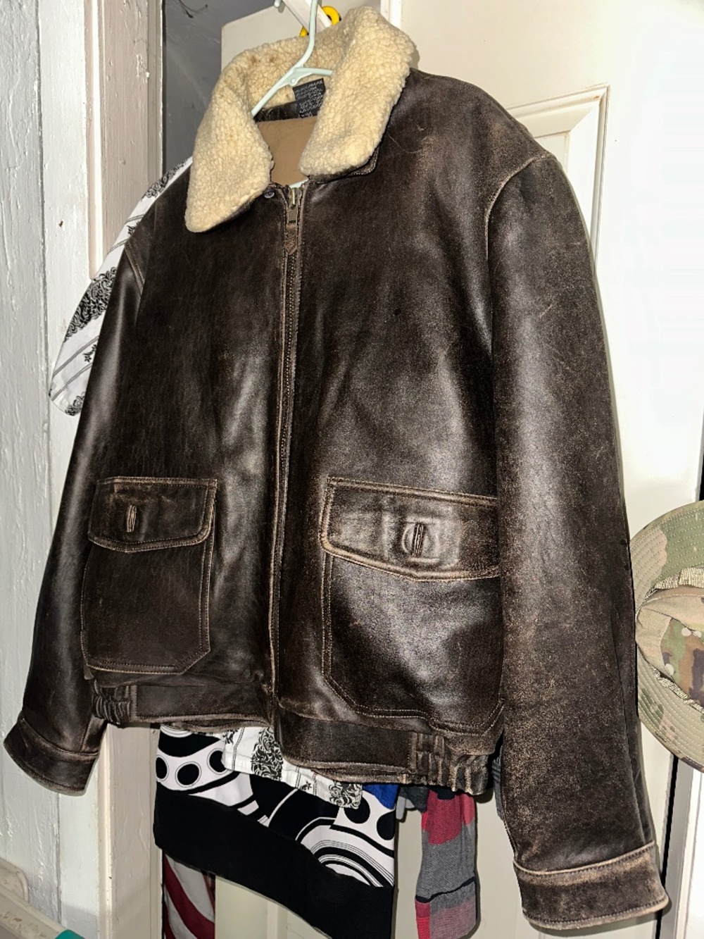 Vtg Leather Jacket Bomber Brown Heavy XL